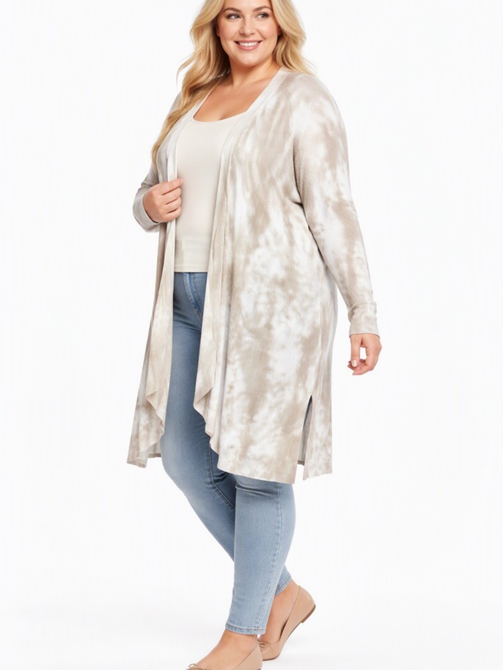 Dex Tie-Dye Open Front Ribbed Knit Cardigan Duster Sweater 3X Neutral Casual